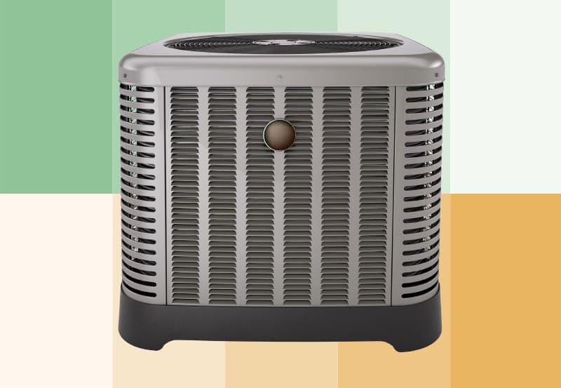 An outdoor central air conditioning or heat pump condenser unit positioned against a block-patterned pastel background.